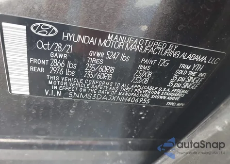 2022 Hyundai Santa Fe Sel from USA, damaged, VIN 5NMS3DAJXNH406955